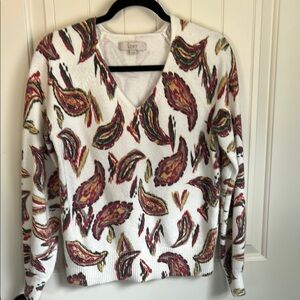 LOFT Red and White V-Neck Sweater with Distinctive Pattern